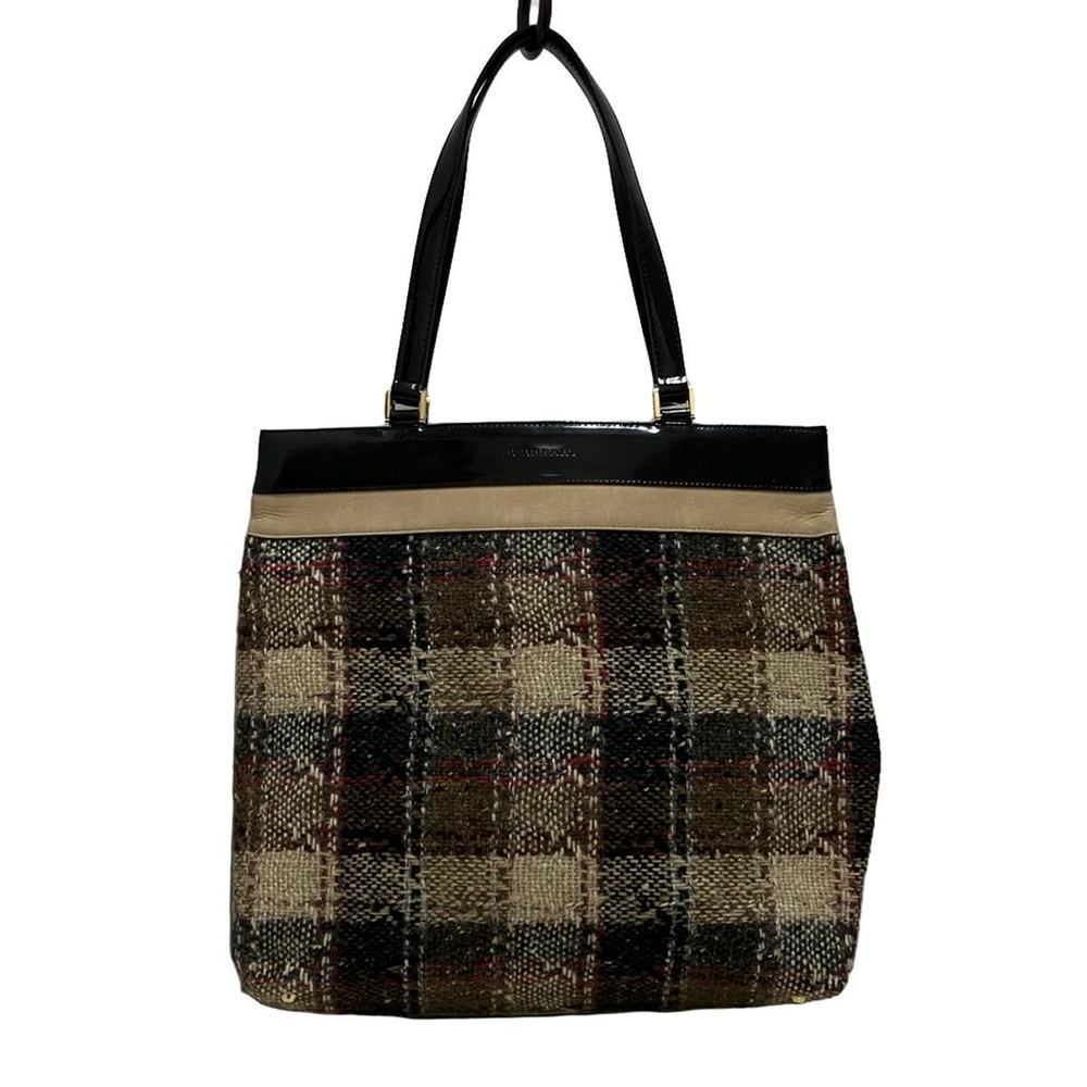 Burberry Plaid Pattern Wool Leather Shoulder Bag … - image 1